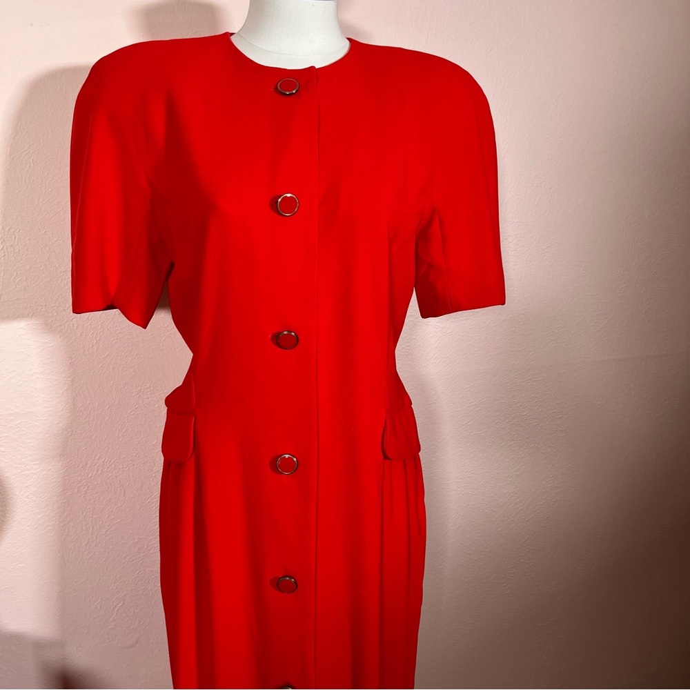 Vintage 80 90 Retro Liz Claiborne Red Button Front Padded Shoulder Wiggle Dress